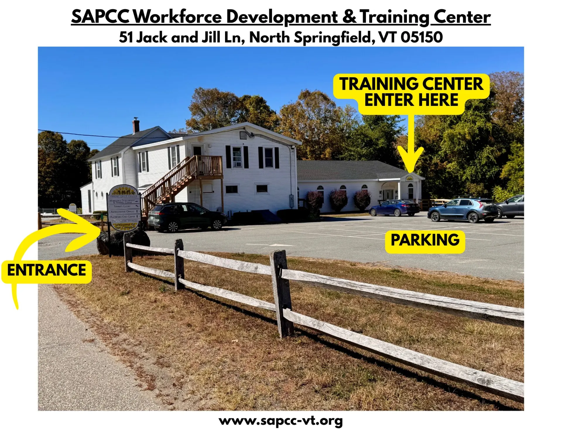 Annotated exterior photo of the SAPCC Workforce Development and Training Center showing the entrance, training center door and parking area, 51 Jack and Jill Lane, North Springfield, VT